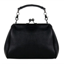 Load image into Gallery viewer, The GothX winged skull vegan vintage clasp handbag on a white studio background. The bag is facing away to highlight the ball clasp close and detachable vegan leather handle.