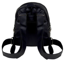 Load image into Gallery viewer, The GothX skull head small studded vegan mini backpack on a white studio background. The vegan black leather gothic bag is facing away from camera to highlight the adjustable vegan leather straps and back zip pocket.