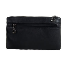 Load image into Gallery viewer, The Gothx winged skull vegan clutch bag on a white studio background. The vegan black leather bag is facing away from camera to highlight the hidden back zip pocket and top zip main compartment.