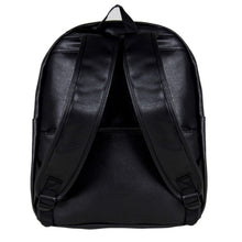 Load image into Gallery viewer, The GothX Skulls and Roses Vegan Backpack shot in front of a white studio background. The bag is facing away to show the back. The black vegan leather backpack has two adjustable shoulder straps, a hidden zip pocket and a top handle.