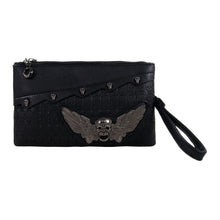 Load image into Gallery viewer, The Gothx winged skull vegan clutch bag on a white studio background. The vegan black leather bag is facing forward to highlight the embossed skull leather, mini skull studs, detachable wrist strap and metal winged skull centrepiece.