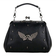 Load image into Gallery viewer, The GothX winged skull vegan vintage clasp handbag on a white studio background. The bag is facing forward to highlight the ball clasp close, metal floral detailing along the top, detachable vegan leather handle, mini skull studs and winged skull centre piece.
