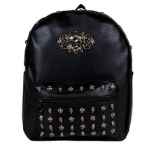 Load image into Gallery viewer, The GothX Skulls and Roses Vegan Backpack shot in front of a white studio background. The vegan leather black bag is facing forward to show the front. The black backpack has silver skull and cross studs along the front zip pocket and a rose skull emblem in the middle.
