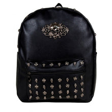 Load image into Gallery viewer, The GothX Skulls and Roses Vegan Backpack shot in front of a white studio background. The vegan leather black bag is facing forward to show the front. The black backpack has silver skull and cross studs along the front zip pocket and a rose skull emblem in the middle.