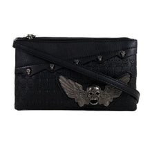 Load image into Gallery viewer, The Gothx winged skull vegan clutch bag on a white studio background. The vegan black leather bag is facing forward to highlight the embossed skull leather, mini skull studs, detachable wrist strap and metal winged skull centrepiece.
