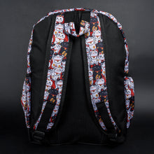 Load image into Gallery viewer, Back view of CHOK GothX’s lucky cat backpack with padded adjustable straps and a striking lucky cat print on a black background. The ergonomic design ensures style and comfort for everyday use.