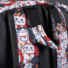 Load image into Gallery viewer, Close-up of the padded strap design of CHOK GothX’s lucky cat backpack. Showcases the vivid lucky cat print and sturdy construction, blending gothic alternative style with functionality.