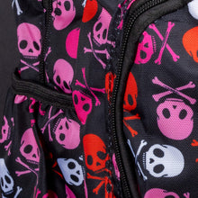Load image into Gallery viewer, Close-up of a gothic CHOK GothX backpack showcasing bold pink, white and red skull and crossbones against black nylon. The bag includes spacious compartments, a laptop sleeve, and detachable silver chain details. A statement piece for edgy and alternative styles.
