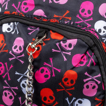 Load image into Gallery viewer, A close-up of the CHOK GothX backpack, focusing on the vibrant pink, red and white skull and crossbones design and detachable silver chain. Durable and stylish, the bag is perfect for edgy fashion lovers who need a spacious, organised, and comfortable carryall.
