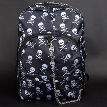 Load image into Gallery viewer, Full front view of the CHOK GothX gothic backpack with a striking skull and crossbones pattern. Features include adjustable straps, spacious interior, silver chain detail, and a laptop compartment for up to 15 inches.