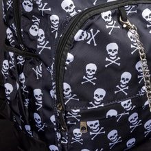 Load image into Gallery viewer, Close-up detail of the CHOK GothX skull-print backpack, highlighting the front zip pocket with a detachable silver chain. Made from high-quality, durable nylon with a gothic-inspired design.