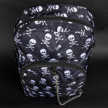 Load image into Gallery viewer, A CHOK GothX gothic backpack showcasing its double-zip front, spacious compartments, and bold skull print. The silver chain detail and edgy design make it perfect for alternative fashion lovers.
