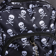 Load image into Gallery viewer, Close-up of the CHOK GothX skull-print backpack’s front pocket. The edgy silver chain detail adds a statement touch to the bold white skull and crossbones design on durable black nylon.