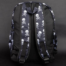 Load image into Gallery viewer, Back view of the CHOK GothX black nylon backpack with a white skull and crossbones print. Features padded, adjustable shoulder straps, side pockets, and a durable handle. Ideal for laptops, tablets, and organised everyday essentials.