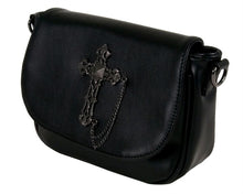 Load image into Gallery viewer, The gothx don't cross me vegan shoulder bag on a white studio background. The bag is facing forward angled to the left to highlight the studded cross chain centrepiece.