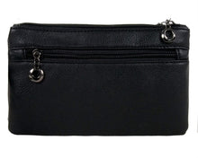 Load image into Gallery viewer, The gothx crystal skull vegan clutch bag in front of a white studio background. The bag is facing away from the camera to highlight the two main zip compartments, plain black back and back zip pocket.