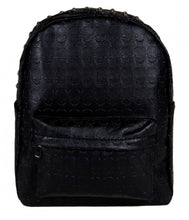 Load image into Gallery viewer, The GothX embossed skull vegan backpack on a white studio background. The bag is facing forward to highlight the all over embossed skull design, front zip pocket and studded main zip compartment.