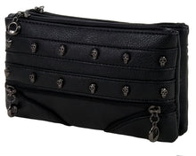 Load image into Gallery viewer, The gothx mini skull head vegan clutch bag in front of a white studio background. The clutch is facing forward angled left to highlight the skull studded front, faux zip detailing and two main zip compartments.