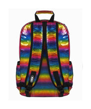 Load image into Gallery viewer, The CHOK Rainbow Holographic Vegan Backpack with a rainbow multicoloured melt holographic pattern with a silver chain and CHOK logo. The bag is facing away to show off the padded adjustable shoulder straps, the top handle and the CHOK logo on the left strap.