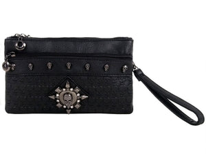 The gothx black skull vegan clutch bag on a white studio background. The clutch is facing forward to highlight the skull embossed vegan black leather, the crystal stud skull centrepiece, zip pocket, wrist strap and skull studs.