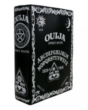 Load image into Gallery viewer, The gothx ouija spirit book vegan backpack on a white studio background. The bag is facing forward angled slightly right to highlight the embroidered planchette and white printed detailing featuring a ouija board, pentagrams and lace pattern.