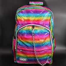 Load image into Gallery viewer, The CHOK Rainbow Holographic Vegan Backpack with a rainbow multicoloured melt holographic pattern with a silver chain and CHOK logo. The bag is facing forward to highlight the front rainbow zip pockets, the main double rainbow zip compartment, two side elasticated pockets with a detachable decorative silver chain.