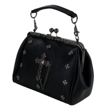 Load image into Gallery viewer, The GothX Don't Cross Me Vegan Vintage Clasp Handbag on a white studio background. The bag is facing forward angled left to highlight the metal detailing along the top, vintage ball clasp close, detachable handle, mini cross studs and large cross emblem.