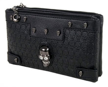 Load image into Gallery viewer, The gothx crystal skull vegan clutch bag in front of a white studio background. The bag is facing forward angled left to highlight the embossed skull vegan black leather, mini skull studs, two main zip compartments and crystal skull centrepiece.