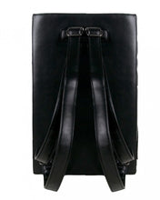 Load image into Gallery viewer, The gothx ouija spirit book vegan backpack on a white studio background. The bag is facing away from the camera to highlight the plain black back and adjustable shoulder straps.