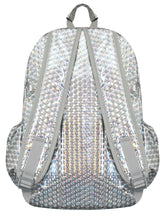 Load image into Gallery viewer, The CHOK silver holographic 3d vegan backpack with a detachable decorate silver chain going across. The bag is facing away from the camera to show the adjustable padded straps and side elastic pockets.