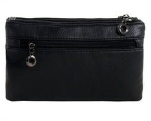 Load image into Gallery viewer, The gothx mini skull head vegan clutch bag in front of a white studio background. The clutch is facing away from the camera to highlight the two main zip compartments and back zip pocket.