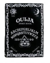Load image into Gallery viewer, The gothx ouija spirit book vegan backpack on a white studio background. The bag is facing forward to highlight the embroidered planchette and white printed detailing featuring a ouija board, pentagrams and lace pattern.