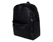 Load image into Gallery viewer, The GothX embossed skull vegan backpack on a white studio background. The bag is facing forward angled left to highlight the all over embossed skull design, front zip pocket and studded main zip compartment.