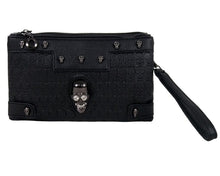 Load image into Gallery viewer, The gothx crystal skull vegan clutch bag in front of a white studio background. The bag is facing forward to highlight the embossed skull vegan black leather, mini skull studs, two main zip compartments, detachable wrist strap and crystal skull centrepiece.