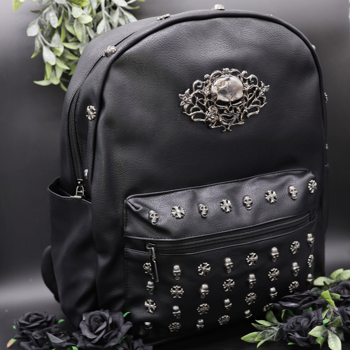 BLACK FAUX LEATHER SKULL BACKPACK WITH GOLD high quality ACCENTS & SKULL ROSE WRISTLET NWT