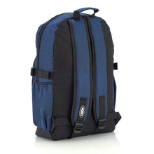 Load image into Gallery viewer, The CHOK Blue Commuter Vegan Backpack on a white studio background. The dark grey blue canvas bag is facing away from the camera to highlight the elastic side pockets, adjustable shoulder straps, top handle and chok logo on the left strap.
