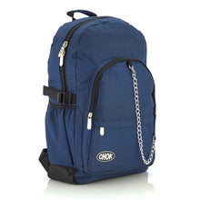 Load image into Gallery viewer, The CHOK Blue Commuter Vegan Backpack on a white studio background. The dark grey blue canvas bag is facing forward angled right to highlight the two front zip pockets, elastic side pockets, detachable silver chain and chok logo.