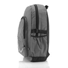 Load image into Gallery viewer, The CHOK Grey Commuter Vegan Backpack on a white studio background. The light grey canvas bag is facing left to highlight the two front zip pockets, elastic side pockets, detachable silver chain and chok logo.
