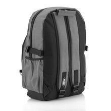 Load image into Gallery viewer, The CHOK Grey Commuter Vegan Backpack on a white studio background. The light grey canvas bag is facing away from the camera to highlight the two adjustable shoulder straps, elastic side pockets and chok logo on the left strap.