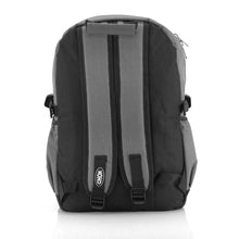 Load image into Gallery viewer, The CHOK Grey Commuter Vegan Backpack on a white studio background. The light grey canvas bag is facing away from the camera to highlight the two adjustable shoulder straps, elastic side pockets and chok logo on the left strap.