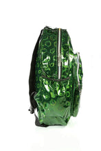 Load image into Gallery viewer, The CHOK Green Holographic Hive Vegan Backpack on a white background. The bag is facing right to highlight the 3d holographic honeycomb effect, 3 rainbow zip pockets, 2 elastic side pockets and silver decorative chain.