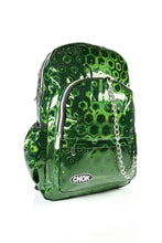 Load image into Gallery viewer, The CHOK Green Holographic Hive Vegan Backpack on a white background. The bag is facing forward angled to the right to highlight the 3d holographic honeycomb effect, 2 rainbow zip pockets, 2 elastic side pockets, silver decorative chain and CHOK logo.