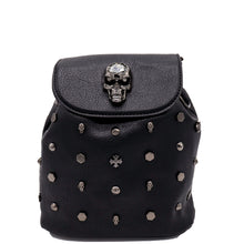 Load image into Gallery viewer, The GothX crystal skull vegan tassel tie backpack on a white studio background. The bag is facing forward to highlight the crystal skull magnetic close clip flap, tassel tie cords and cross, hexagon, cone and skull studs.