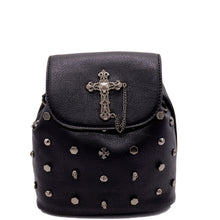 Load image into Gallery viewer, The GothX dont cross me vegan tassel tie backpack on a white studio background. The bag is facing forward to highlight the tassel tie cord close, hexagon, cone, cross and skull studs, and metal stud cross centrepiece with chain.