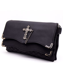 Load image into Gallery viewer, GothX don&#39;t cross me quilted vegan clutch bag on a white studio background. Bag is facing forward angled to the left to highlight the double quilted magnetic close clip flap with metal corners, quilted under layer and stud cross centrepiece with chain.
