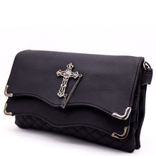 Load image into Gallery viewer, GothX don't cross me quilted vegan clutch bag on a white studio background. Bag is facing forward angled to the left to highlight the double quilted magnetic close clip flap with metal corners, quilted under layer and stud cross centrepiece with chain.