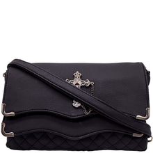 Load image into Gallery viewer, The GothX don't cross me quilted vegan clutch bag on a white studio background. The bag is facing forward to highlight the double quilted magnetic close clip flap with metal corners, quilted under layer, detachable strap and stud cross centrepiece with chain.