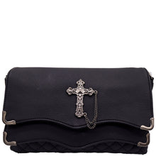 Load image into Gallery viewer, The GothX don't cross me quilted vegan clutch bag on a white studio background. The bag is facing forward to highlight the double quilted magnetic close clip flap with metal corners, quilted under layer, and stud cross centrepiece with chain.