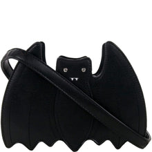 Load image into Gallery viewer, The GothX Black Bat Vegan Shoulder Bag on a white background. The bag is facing forward to highlight the embroidered detailing, crystal effect eyes and detachable adjustable strap.