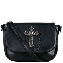 Load image into Gallery viewer, The gothx don't cross me vegan shoulder bag on a white studio background. The bag is facing forward to highlight the detachable strap and the studded cross chain centrepiece.